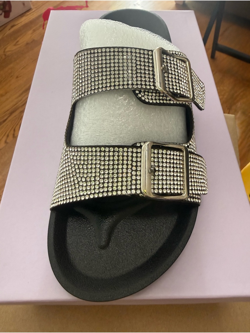 Madden Girl Black Slide Sandals with Crystal-Embellished Straps